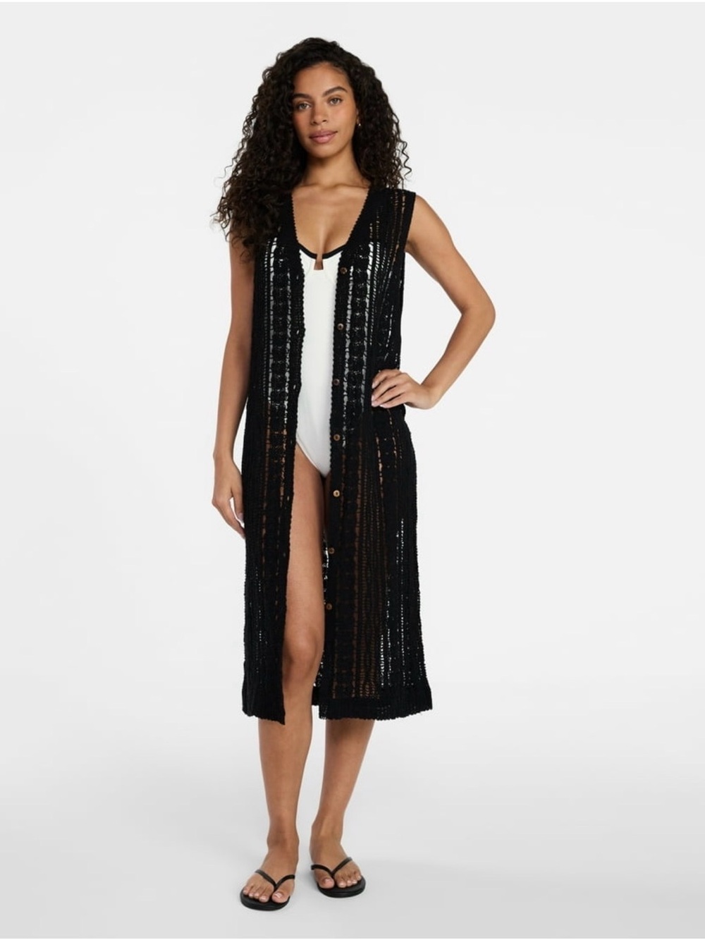 Women’s Black Open-Knit Button-Front Swim Cover-Up, can be worn as a long vest!